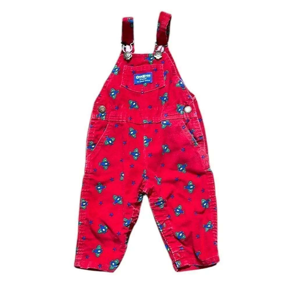 Osh kosh b’gosh‎ vintage corduroy made in USA airplane printed 12mos overalls